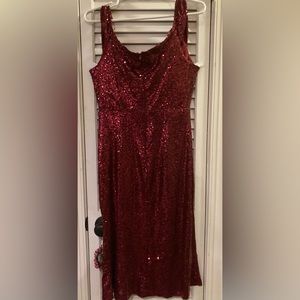 Calf length Merlot color sequined dress.